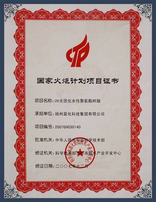 江蘇省火炬計(jì)劃項(xiàng)目證書