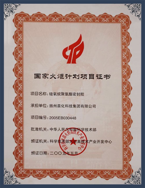 江蘇省火炬計(jì)劃項(xiàng)目證書